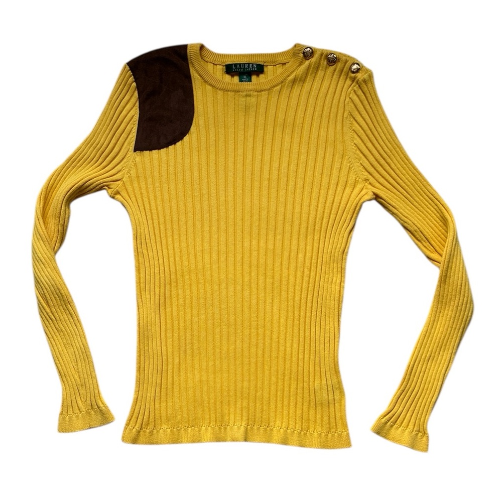 Ralph Lauren LRL Yellow Ribbed Cotton Shoulder Patch Sweater Size Medium